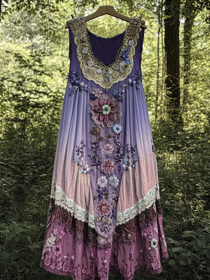 Evabella - Rochie Fără Mâneci Din In, Cu Imprimeu Patchwork