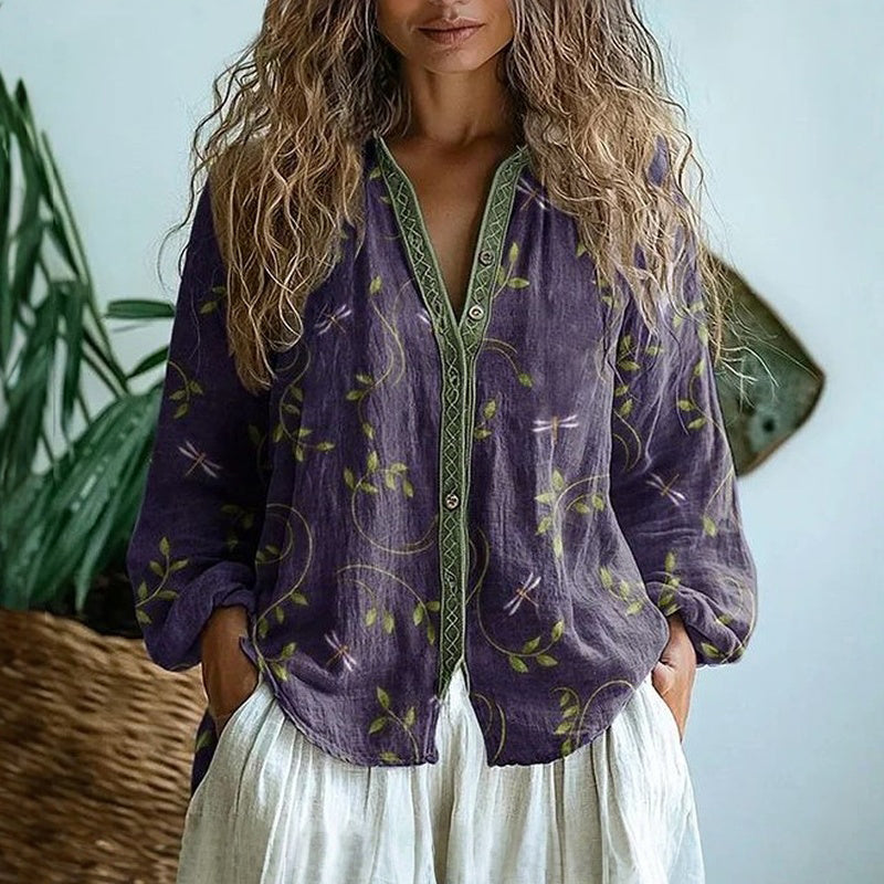 Ereinaa - Cămașă Elegantă Cu Imprimeu Vintage Cu Frunze
