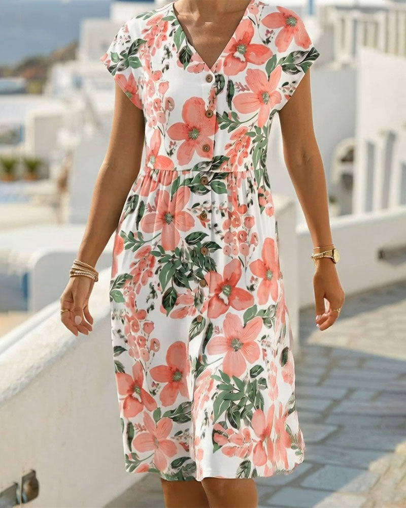 Sinera - Rochie Cu Imprimeu Floral și Mâneci Scurte