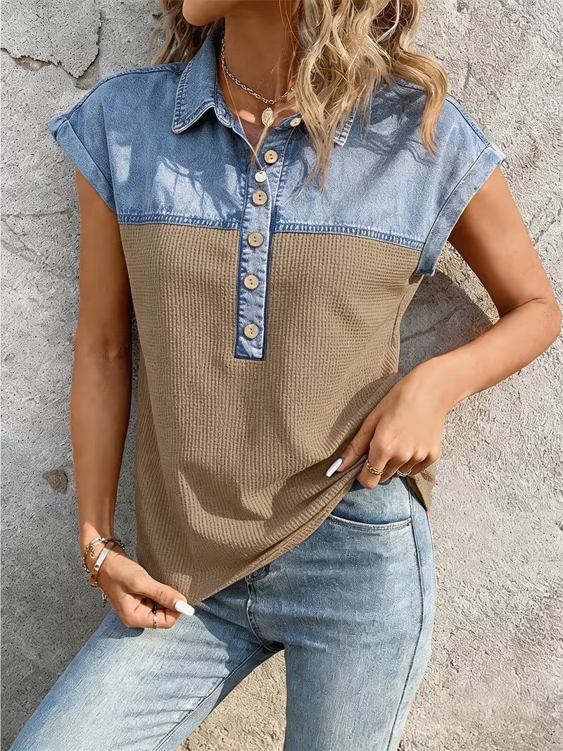Haily - Bluză Casual Din Denim cu Guler Patchwork și Mâneci scurte