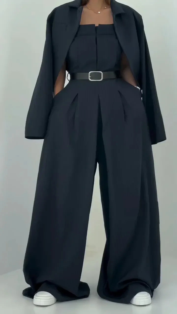 Lavara - Setează Blazer Scurt Si Pantaloni Largi