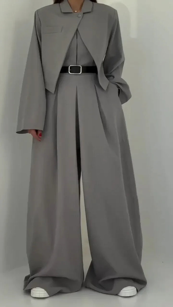Lavara - Setează Blazer Scurt Si Pantaloni Largi