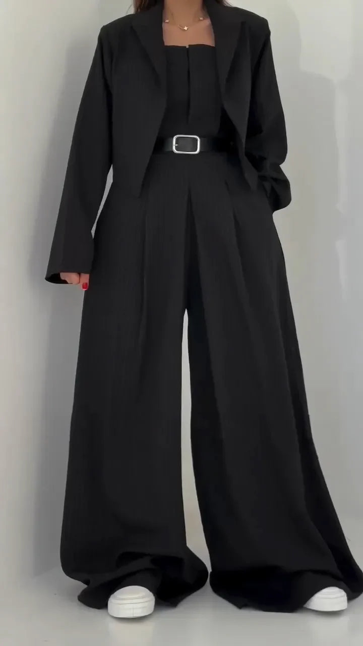 Lavara - Setează Blazer Scurt Si Pantaloni Largi