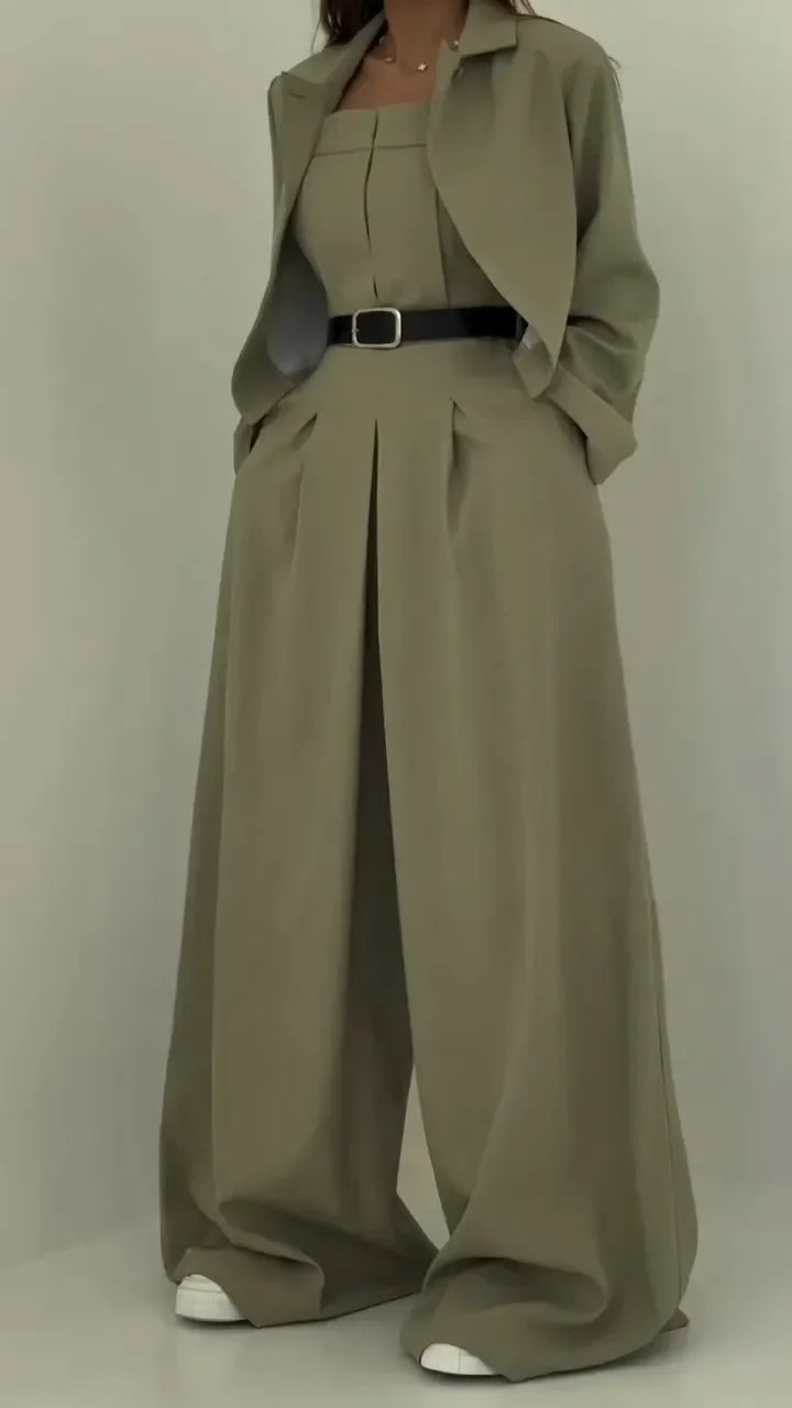 Lavara - Setează Blazer Scurt Si Pantaloni Largi