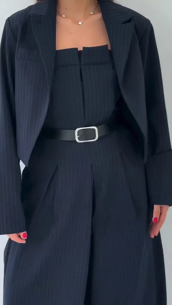 Lavara - Setează Blazer Scurt Si Pantaloni Largi