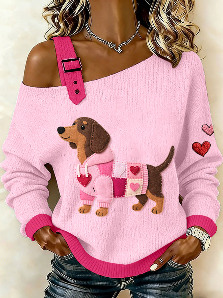 Nahlina - Top tricotat cu motiv Dachshund inspirat de Ziua Îndrăgostiților