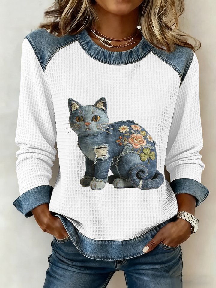 Karmela - Bluză Vintage Din Denim cu Imprimeu Patchwork