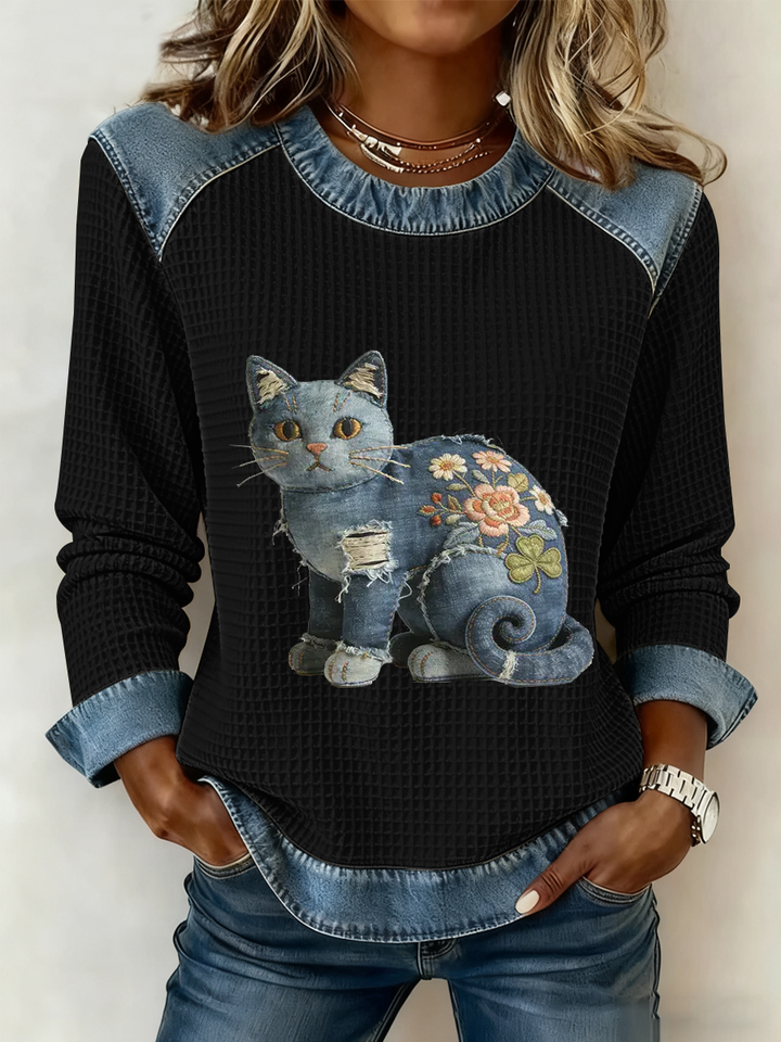 Karmela - Bluză Vintage Din Denim cu Imprimeu Patchwork