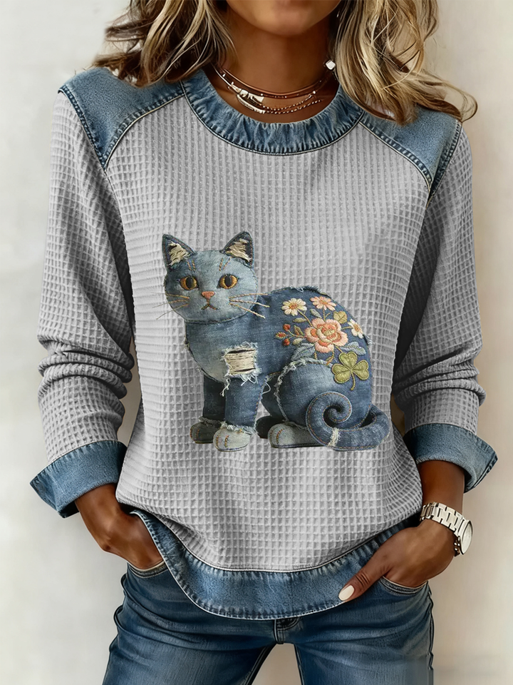Karmela - Bluză Vintage Din Denim cu Imprimeu Patchwork