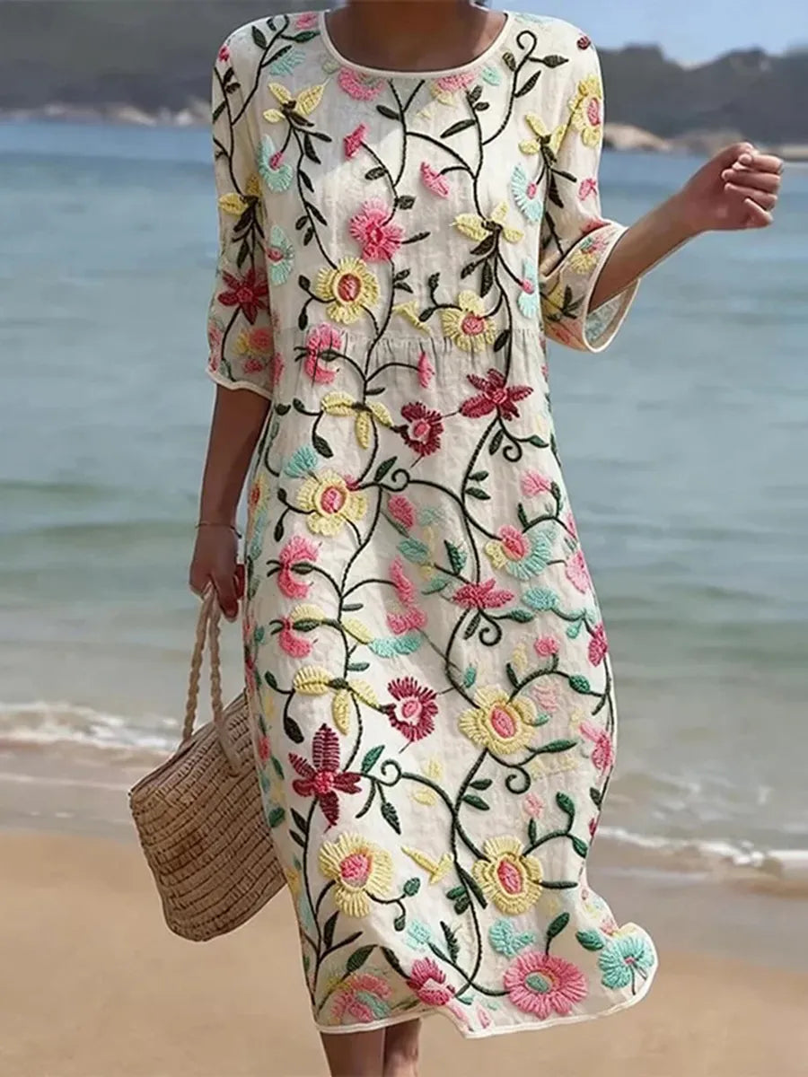 Jilynn - Rochie Lungă Cu Broderie Florală