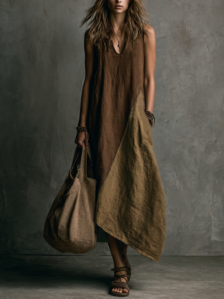 Tylissa - Rochie Lungă Asimetrică în Stil Patchwork