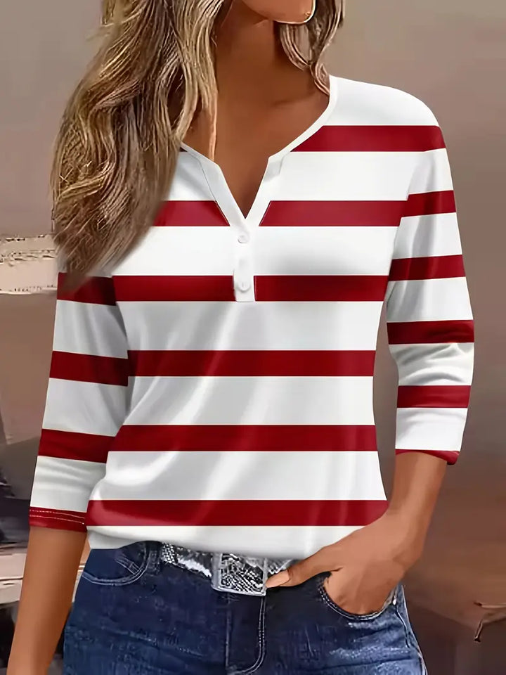 Dakota - Tricou Casual Cu Decolteu în V și Imprimeu Cu Dungi