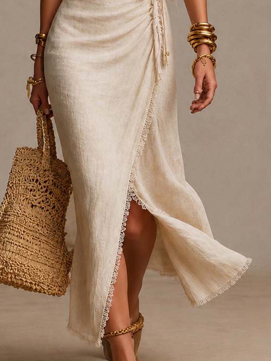 Szarlota – Rochie Maxi Din Țesătură De in, Cu Volane Și Bordură Din Dantelă