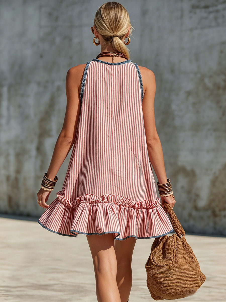 Lisiana - Rochie Mini în Dungi Cu Volane