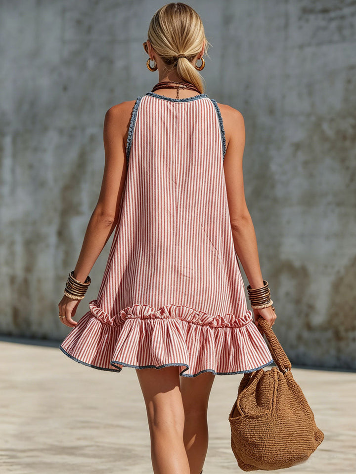 Lisiana - Rochie Mini în Dungi Cu Volane