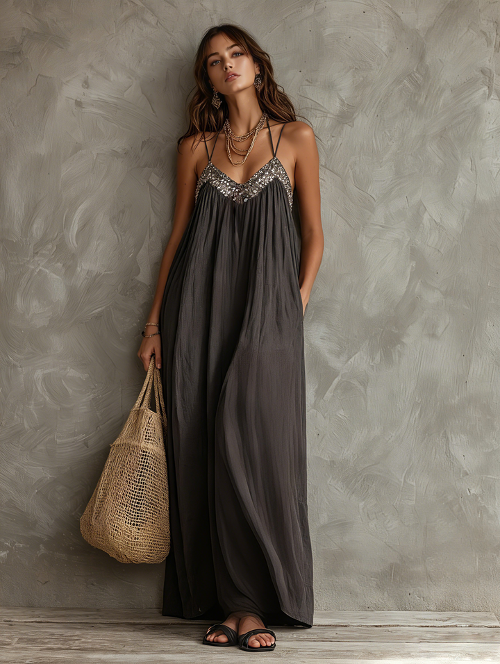 Noreene – Rochie Maxi Tesută, în Stil Casual, Cu Decolteu în V