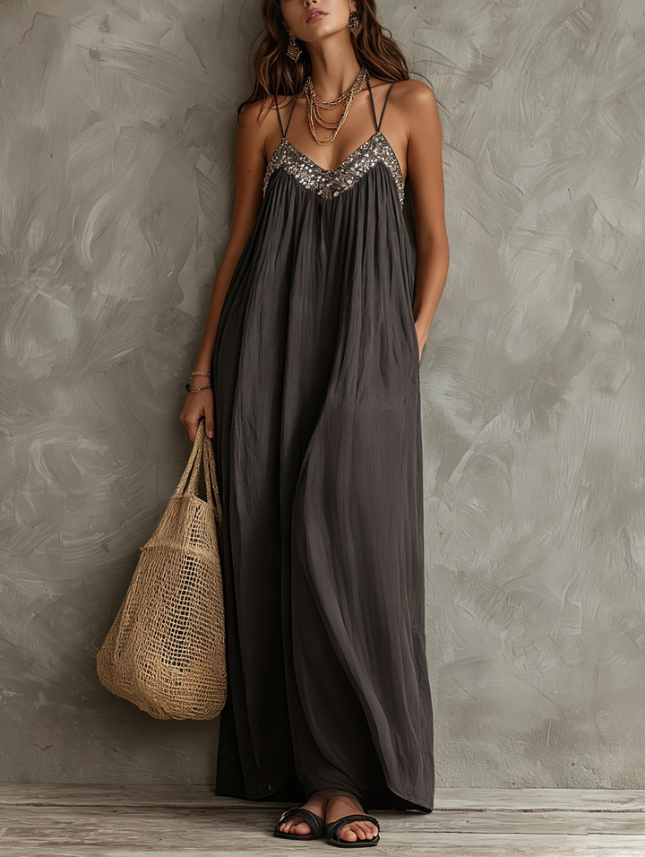 Noreene – Rochie Maxi Tesută, în Stil Casual, Cu Decolteu în V