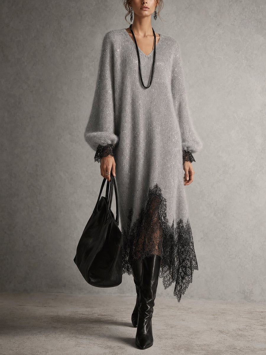 Samyra - Rochie MIDI Din Tricot Cu Dantelă