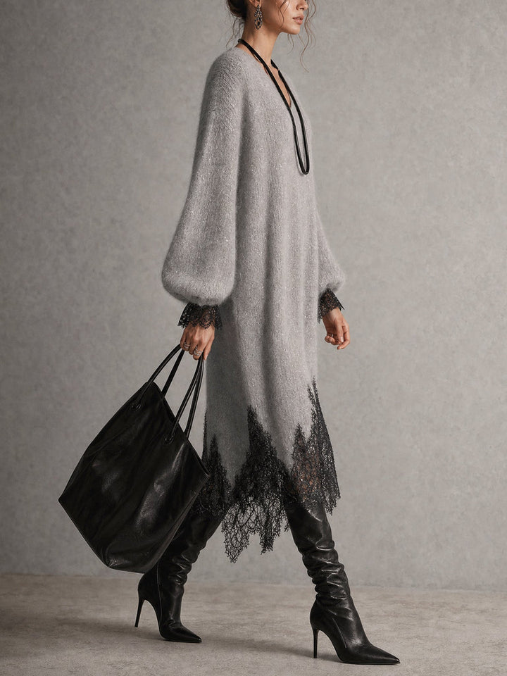 Samyra - Rochie MIDI Din Tricot Cu Dantelă
