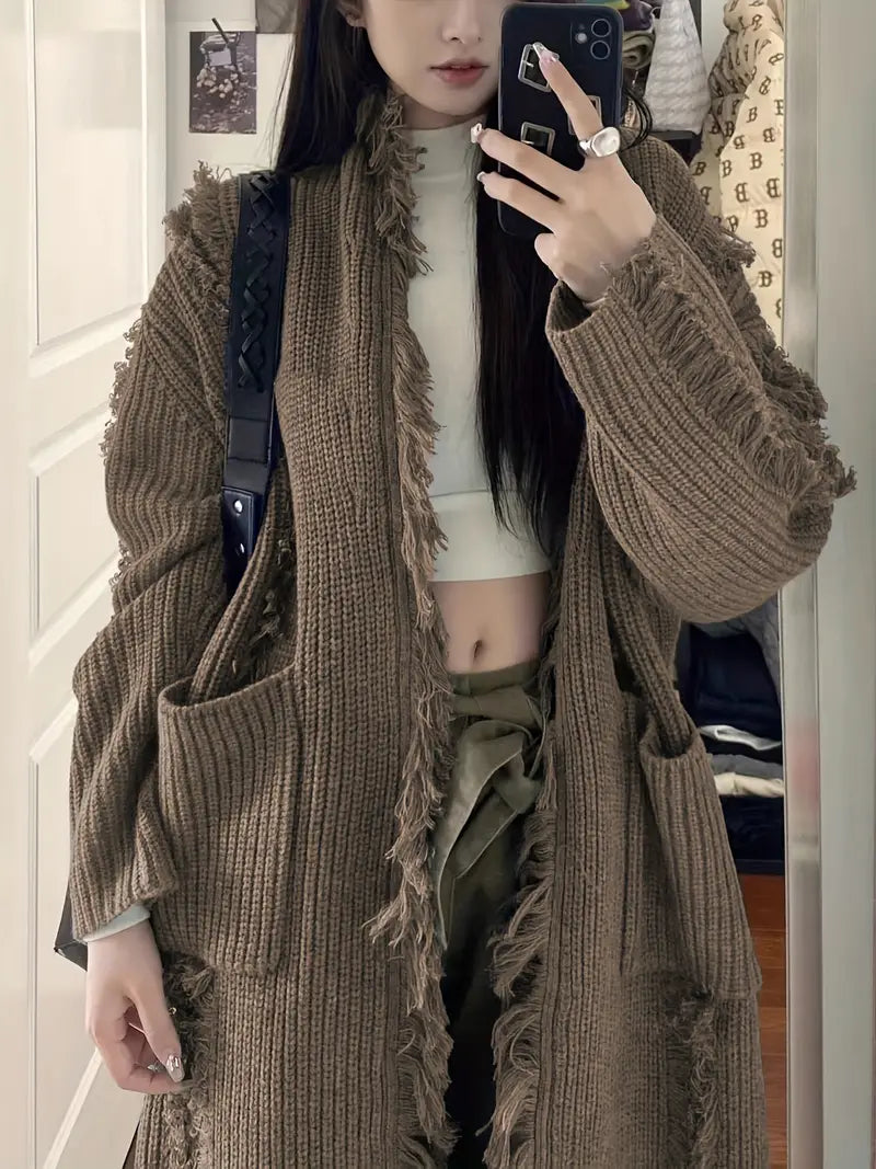 Ramziya - Elegant Lung Ciucure Cardigan Cu Buzunar
