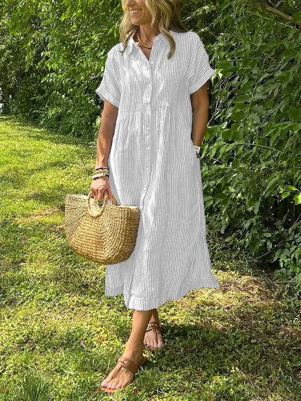 Alory – Rochie Midi Confortabilă Cu Dungi Si Nasturi