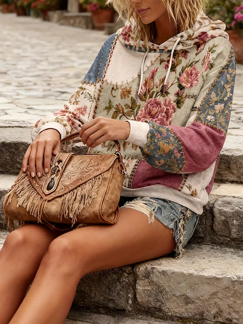 Norella - Bluză Cu Mâneci Lungi Și Glugă, Cu Imprimeu Floral În Stil Patchwork