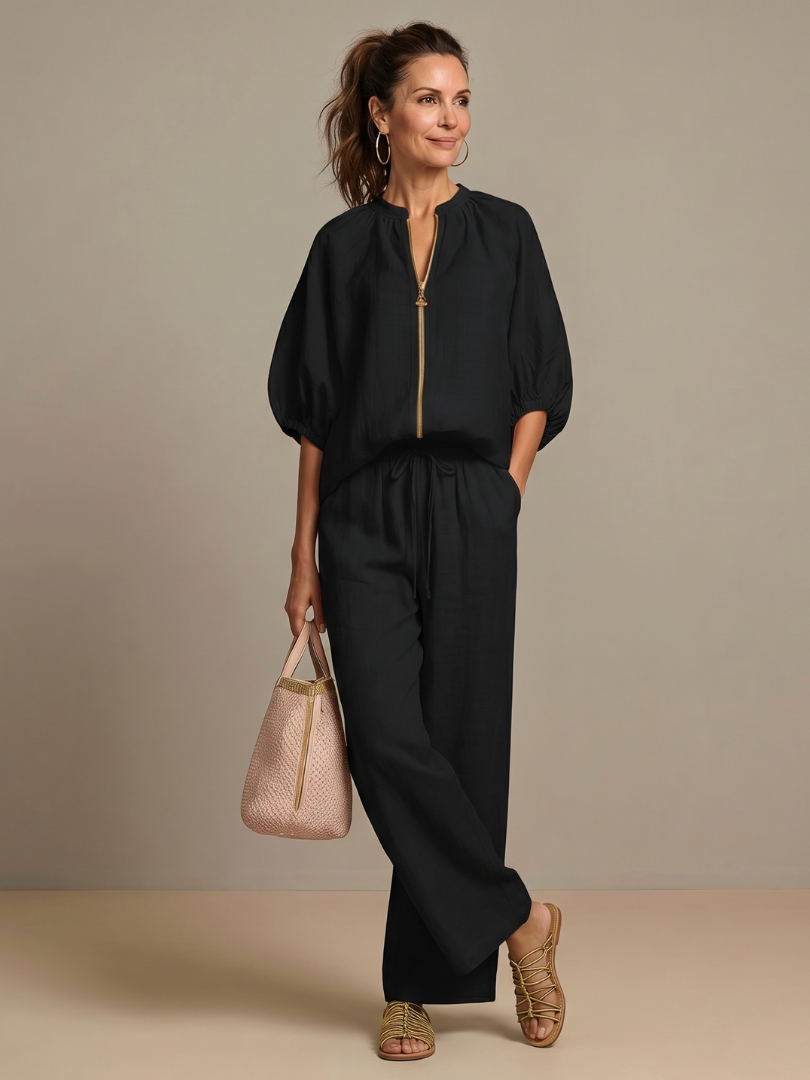 Sharina - Set Compus Din Bluză Cu Fermoar Și Pantaloni Cu Croi Larg