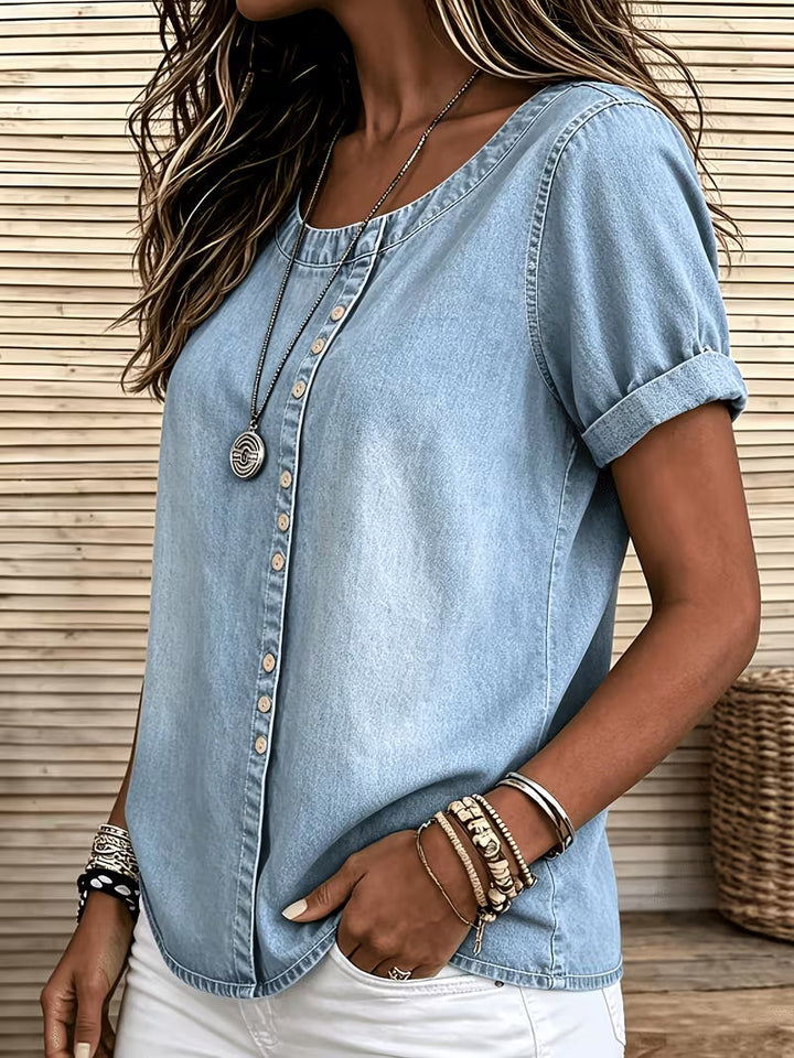 Ferina - Bluză Din Denim Cu Mâneci Scurte și Aspect Uzat