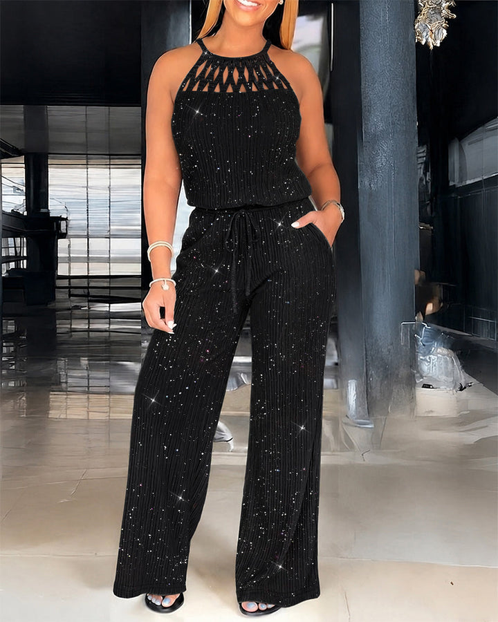 Kannika - Salopetă Cu Gât Halter Și Picioare Largi Sparkle