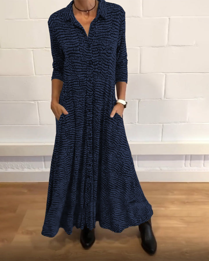 Mathea - Rochie Maxi Cu Mâneci Lungi și Buzunare