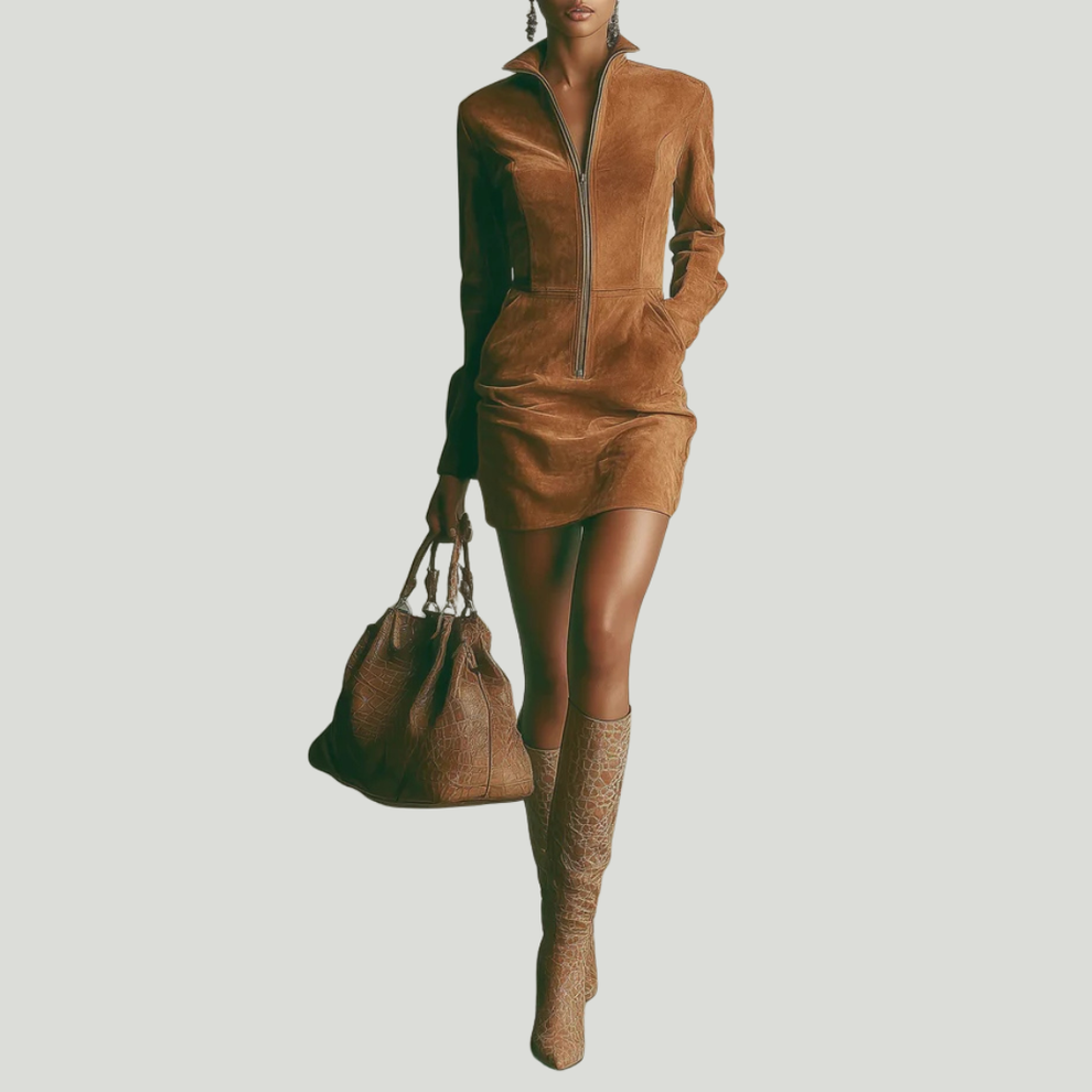 Narion - Rochie din Piele întoarsă cu Fermoar