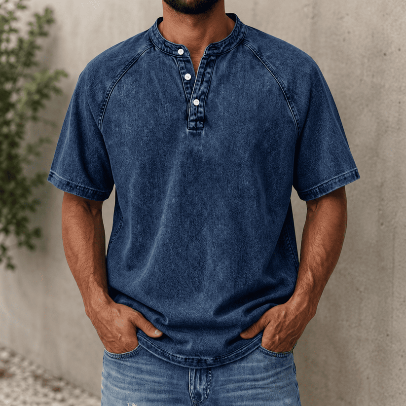 Zerric - Cămașă Henley Din Denim Cu Mâneci Scurte