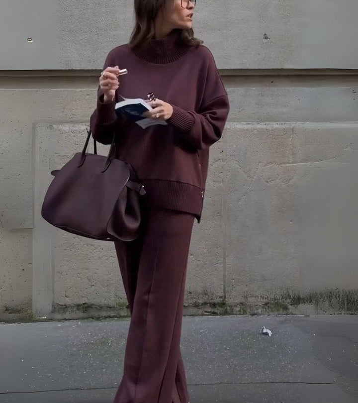 Blandine - Set Din Două Piese Tricotate Pulover Cu Guler înalt și Pantaloni Largi