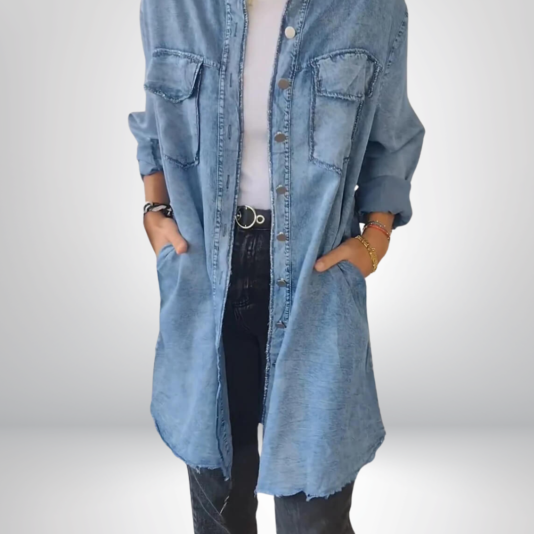 Krystyna - Jacheta Elegantă Din Denim cu Mâneci Lungi și Guler