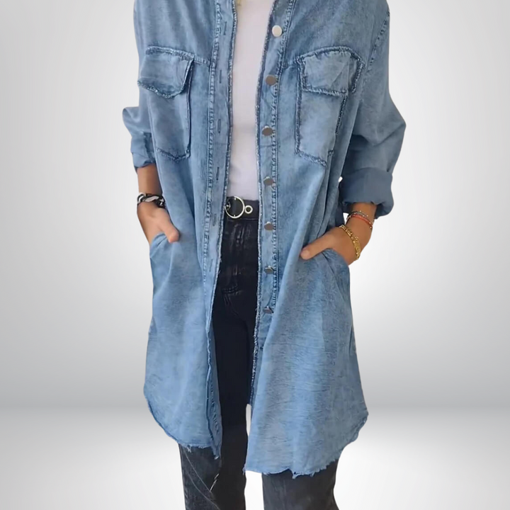 Krystyna - Jacheta Elegantă Din Denim cu Mâneci Lungi și Guler