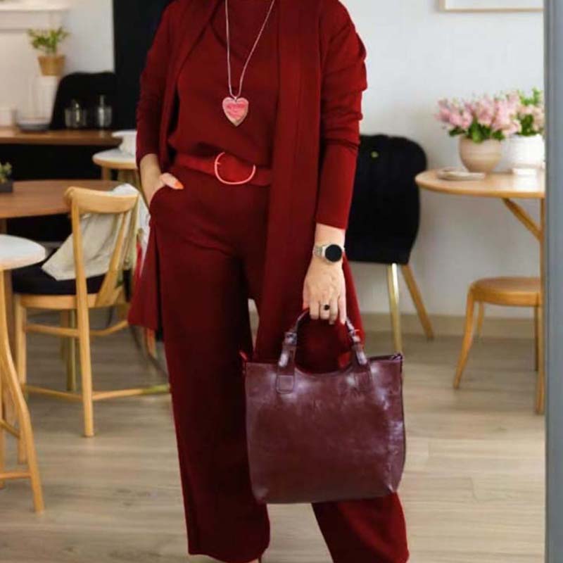 Dorren - Set Elegant Din 3 Piese Cu Cardigan Lung, Top și Pantaloni