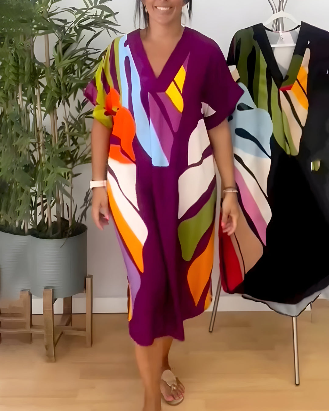 Ailsa - Rochie Casual Cu Imprimeu Colorat Cu Frunze
