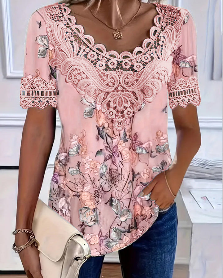 Emilyn – Tricou cu Mâneci Scurte și Imprimeu Floral la Modă