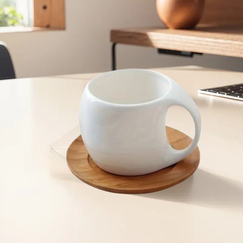ClayHaven - Cană De Cafea Din Ceramică Cu Farfurie Din Lemn
