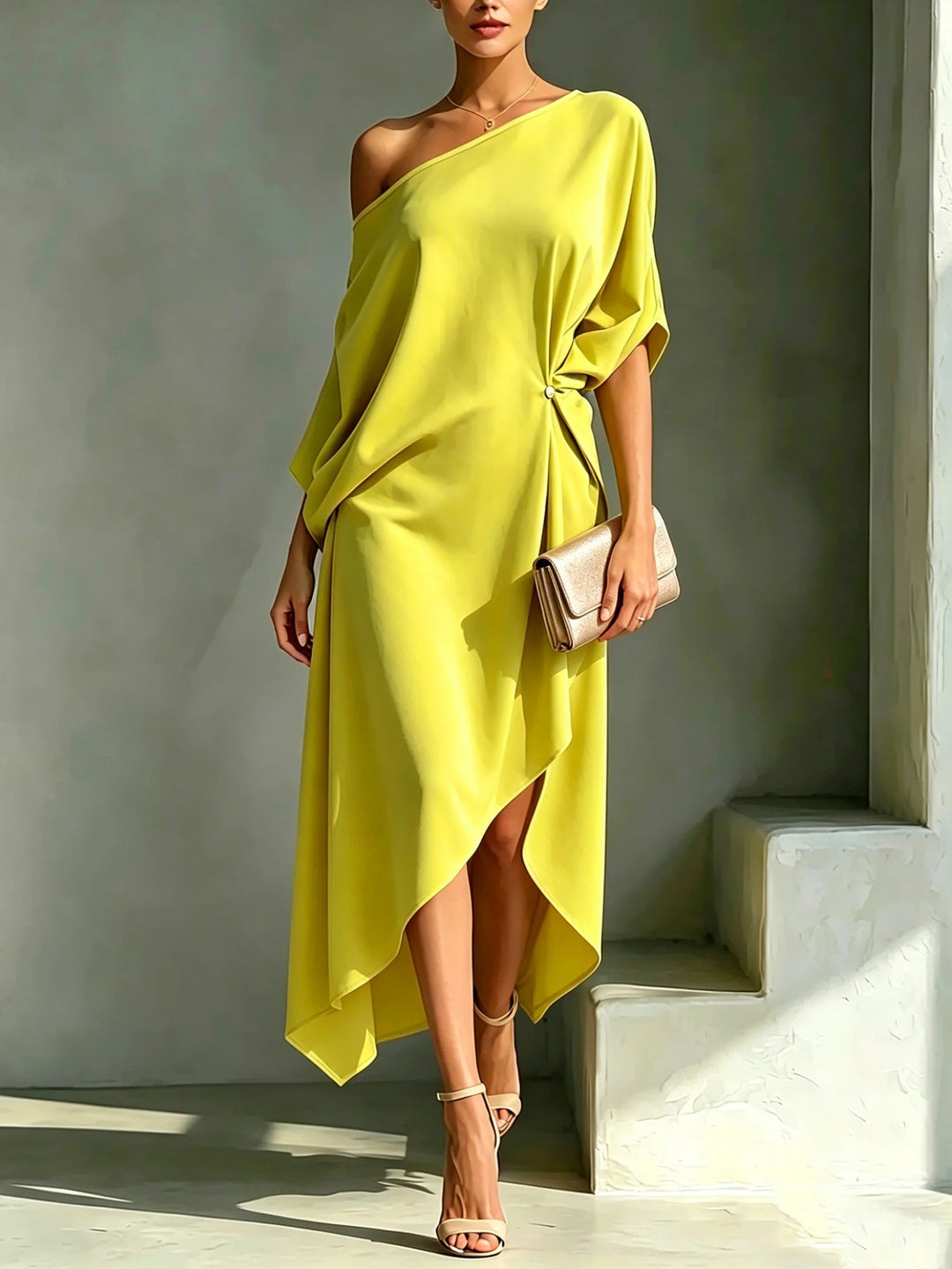 Elonia - Rochie Midi Asimetrică Cu Umerii Goi