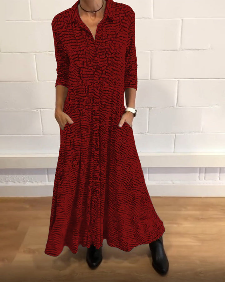 Mathea - Rochie Maxi Cu Mâneci Lungi și Buzunare