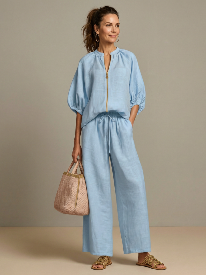 Sharina - Set Compus Din Bluză Cu Fermoar Și Pantaloni Cu Croi Larg