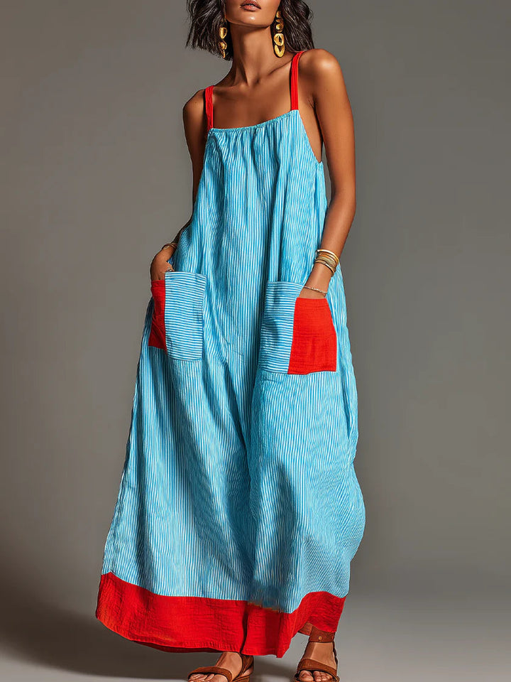 Sallina - Rochie Maxi în Dungi Cu Detalii Roșii în Contrast