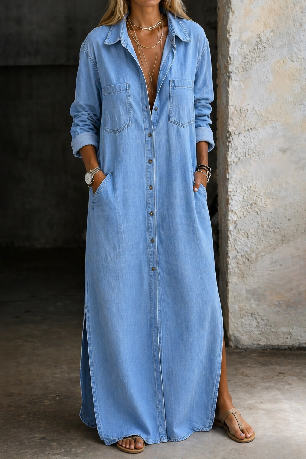 Noshina - Rochie Lungă Din Denim Cu Nasturi În Față