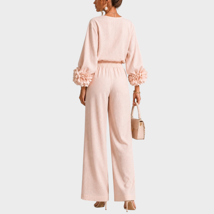 Mersada - Set Compus Din Bluză cu Mâneci Lungi și Imprimeu Floral și Pantaloni cu Croi Larg