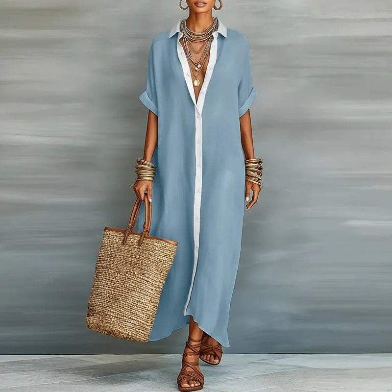 Nerena - Rochie-Cămașă Elegantă, Cu Guler Decupat și Drapaj