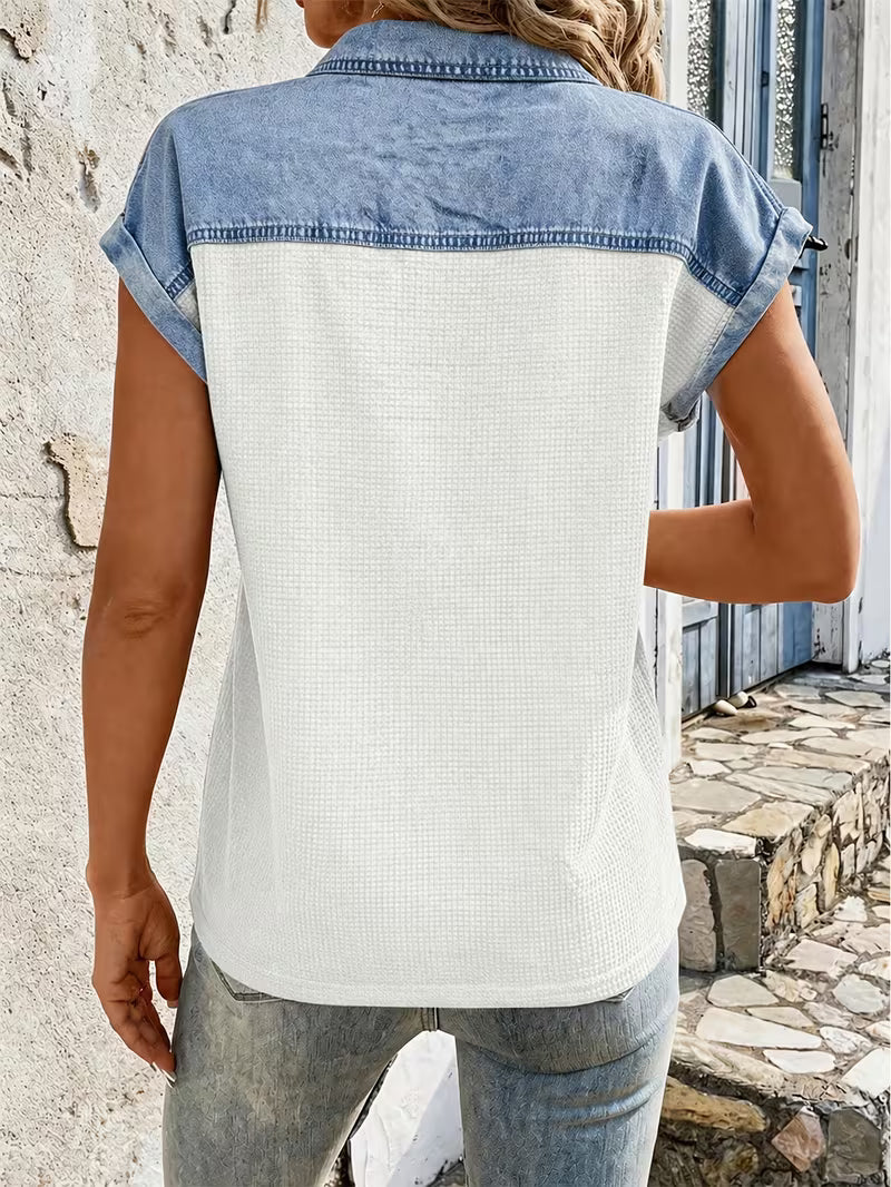Haily - Bluză Casual Din Denim cu Guler Patchwork și Mâneci scurte