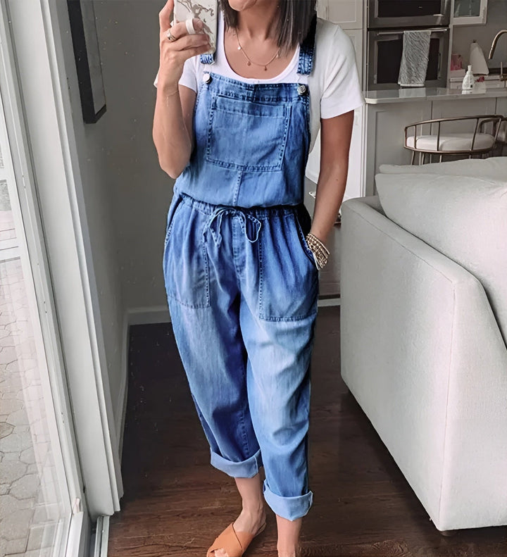 Carly - Salopetă Casual Din Blugi Cu Snur La Talie