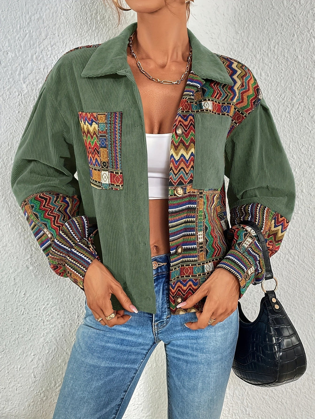 Amelina - Jachetă Din Catifea Cu Nasturi, În Stil Boho, Cu Patchwork