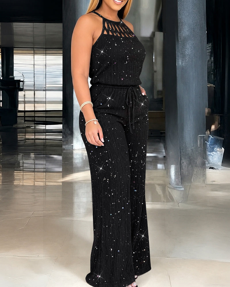 Kannika - Salopetă Cu Gât Halter Și Picioare Largi Sparkle